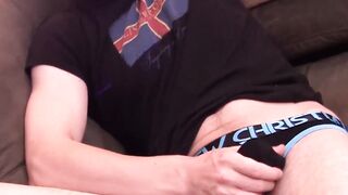 Young stud Zack Randall shows off his special talent in cock jerking and autofellatio