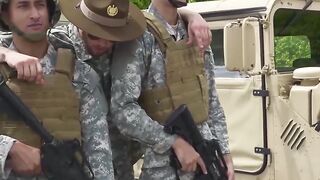 Army studs swap blowjobs before outdoor interracial foursome