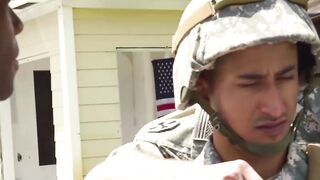 Army studs swap blowjobs before outdoor interracial foursome