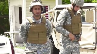Army studs swap blowjobs before outdoor interracial foursome