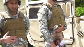 Army studs swap blowjobs before outdoor interracial foursome