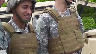 Army studs swap blowjobs before outdoor interracial foursome