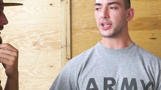 Muscle military studs pounding hard while sergeant watches