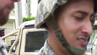 Military guys in an interracial outdoor gay orgy