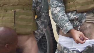 Military guys in an interracial outdoor gay orgy