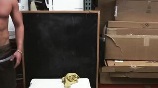 Athletic guy sucks on two rock hard cocks in kinky pawnshop