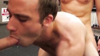 Kinky voyeur films hardcore spitroast threesome in pawnshop