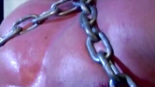 MuscleJockBound.com - Submissive man futilely struggles while in heavy chains, domina