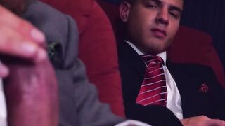 Naughty employees bareback fucking during movie night