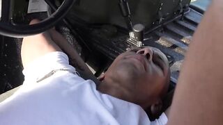 Inked soldier outdoors riding big army cock after blowjob