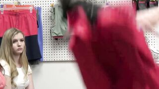 Shoplifting MILF Syren De Mer blows big dick in threesome
