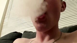 Intense smoking blowjob and cock jacking on the couch by young studs Cain and Ty Fros