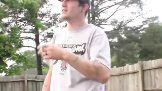 Horny tattooed thug Lex is getting his cock out in a yard