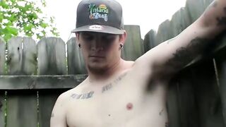 Horny tattooed thug Lex is getting his cock out in a yard