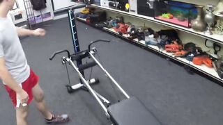 Athlete fucked by pawnbrokers on a workout machine