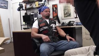 Hunky biker sells ass to hung perv for money in office
