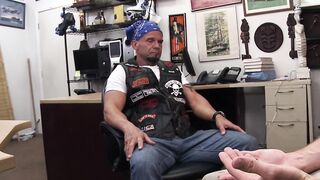 Hunky biker sells ass to hung perv for money in office