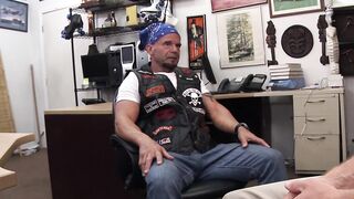 Hunky biker sells ass to hung perv for money in office