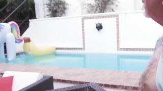Cute petite teen Chane Shortcake sucks grandpas cock by pool