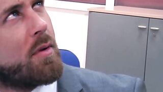 Bearded businessman Logan Moore fucked raw after hot blowjob