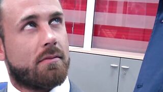 Bearded businessman Logan Moore fucked raw after hot blowjob