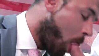 Bearded businessman Logan Moore fucked raw after hot blowjob