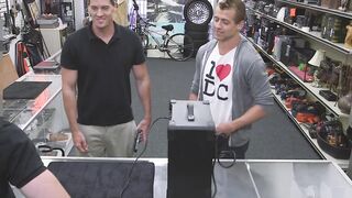 Handsome young stud spitroasted by BDSM pawn brokers