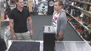 Handsome young stud spitroasted by BDSM pawn brokers