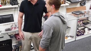 Handsome young stud spitroasted by BDSM pawn brokers