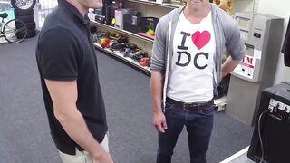 Handsome young stud spitroasted by BDSM pawn brokers