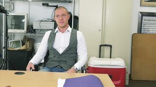 Handsome dude interracially fucked for cash in the office