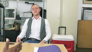 Handsome dude interracially fucked for cash in the office
