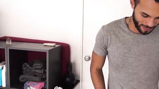 Edgy cutie Abe grabs my cock and wanks it hard for him to taste my tasty cum