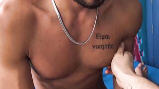 Edgy cutie Abe grabs my cock and wanks it hard for him to taste my tasty cum
