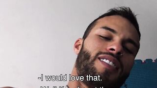 Edgy cutie Abe grabs my cock and wanks it hard for him to taste my tasty cum