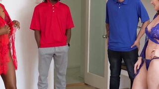 Redhead MILF Sophia Locke and Ebony Olivia Jayy seduce their stepsons into a foursome