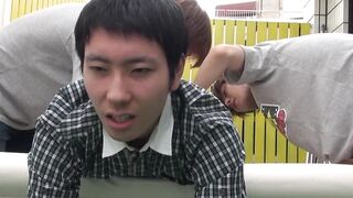 Young Japanese man strokes his dick hard after anal play