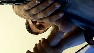 Thug pleases himself with his hands next to recording TV