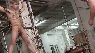 Cute blond twink endures torment by clothespins by old dom