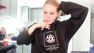 beauty blonde next door women is streaming inside the kitchen