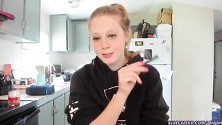 beauty blonde next door women is streaming inside the kitchen