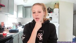 beauty blonde next door women is streaming inside the kitchen