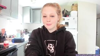 beauty blonde next door women is streaming inside the kitchen