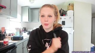 beauty blonde next door women is streaming inside the kitchen