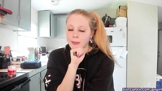 beauty blonde next door women is streaming inside the kitchen