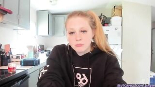 beauty blonde next door women is streaming inside the kitchen
