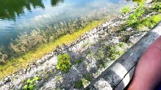 Extremely risky outdoors hand job at lake - People are really close