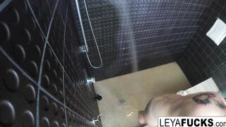 After a filthy pounded session Leya Falcon washes the filth off