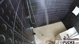After a filthy pounded session Leya Falcon washes the filth off