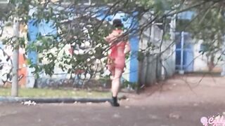 sweet 18 yo was pee into outdoor and had to suck a huge cock